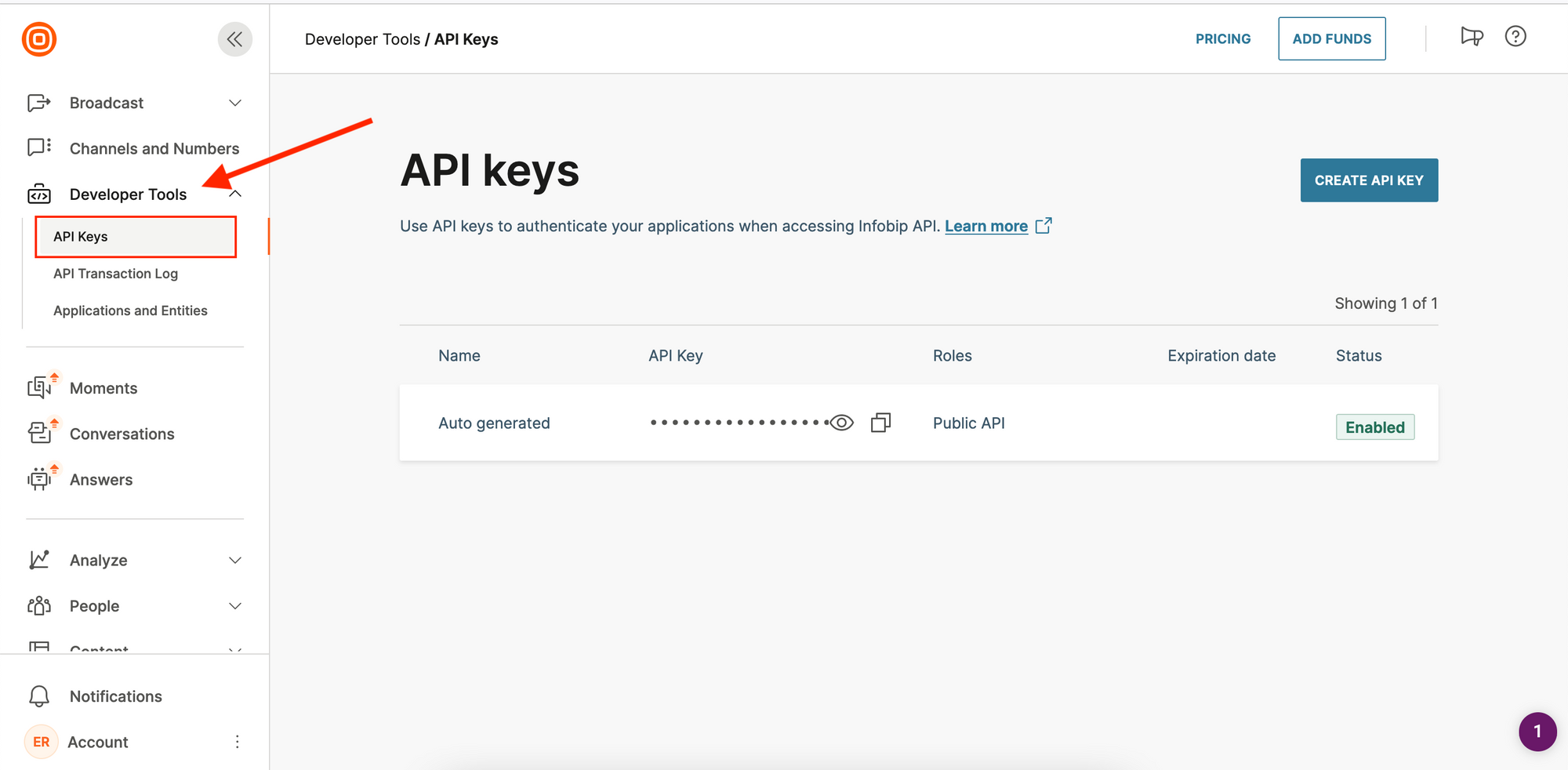 Find your API key from the developer tools